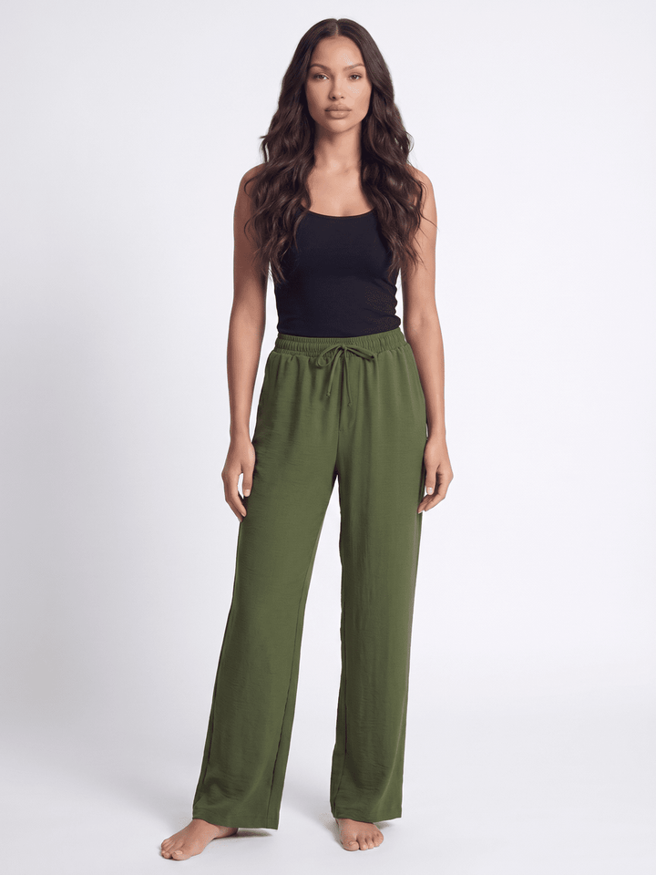 WOMEN'S ELASTIC WAIST FRONT POCKETS SELF TIE WIDE LEG PANTS