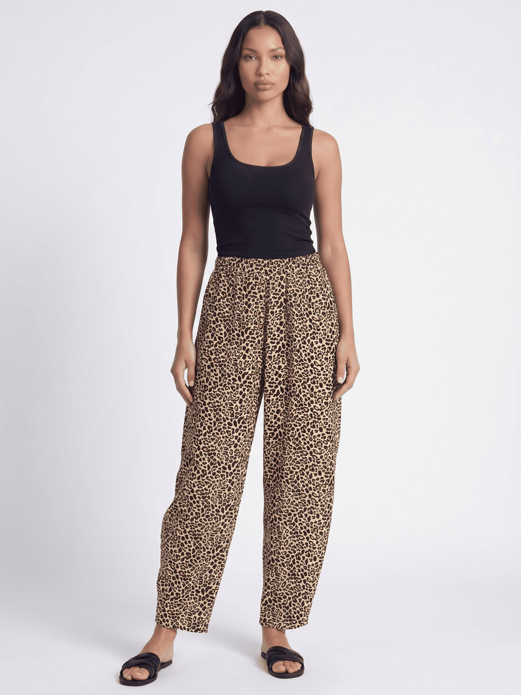 WOMEN'S ELASTIC WAIST FRONT POCKETS STRAIGHT LEG ANIMAL PRINT PANTS