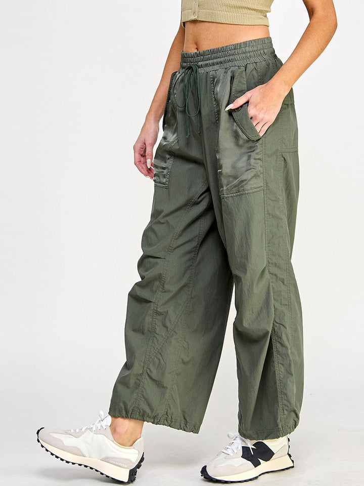 WOMEN'S ELASTIC WAIST POCKETS WIDE LEG PANTS