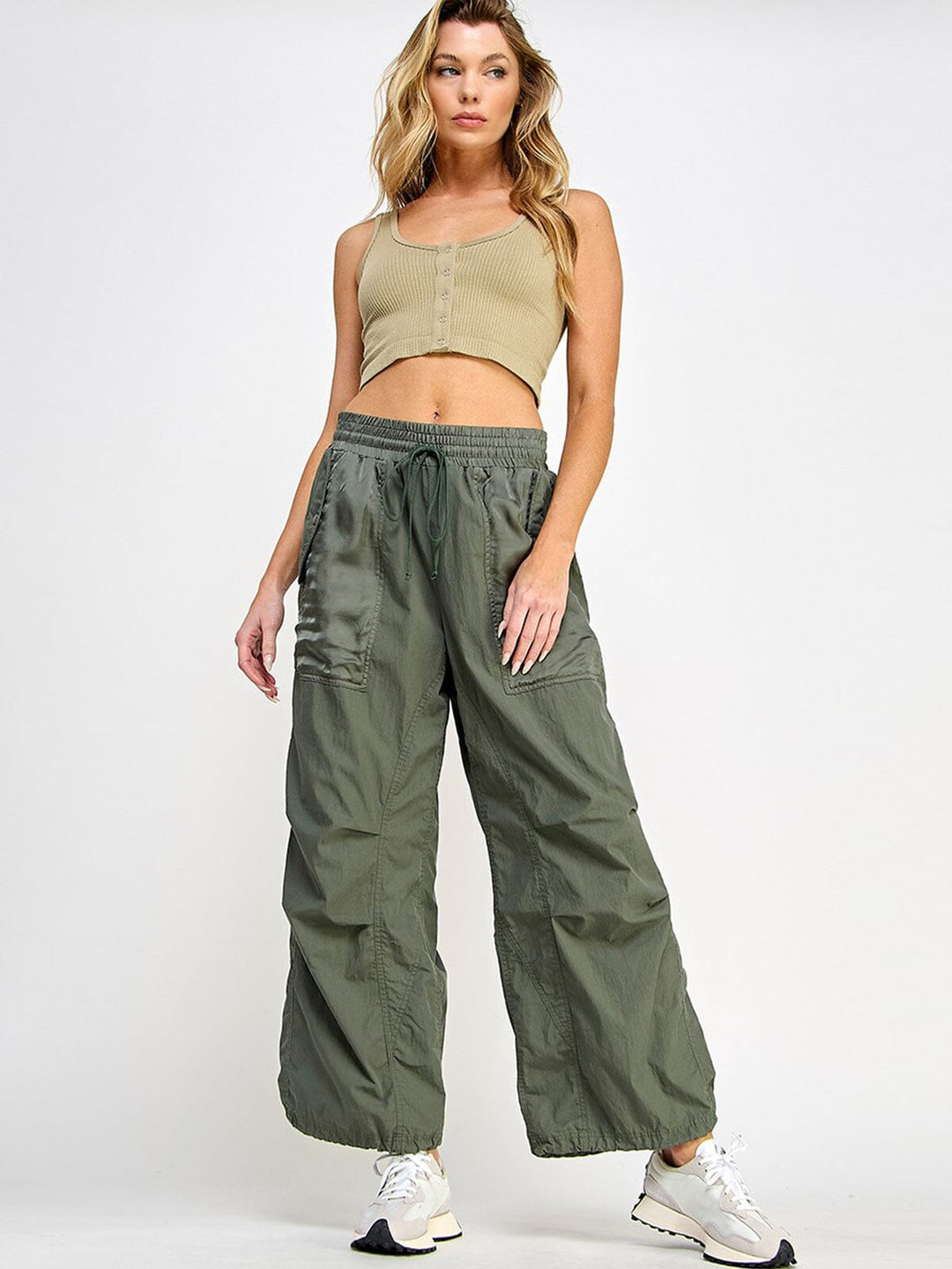 WOMEN'S ELASTIC WAIST POCKETS WIDE LEG PANTS