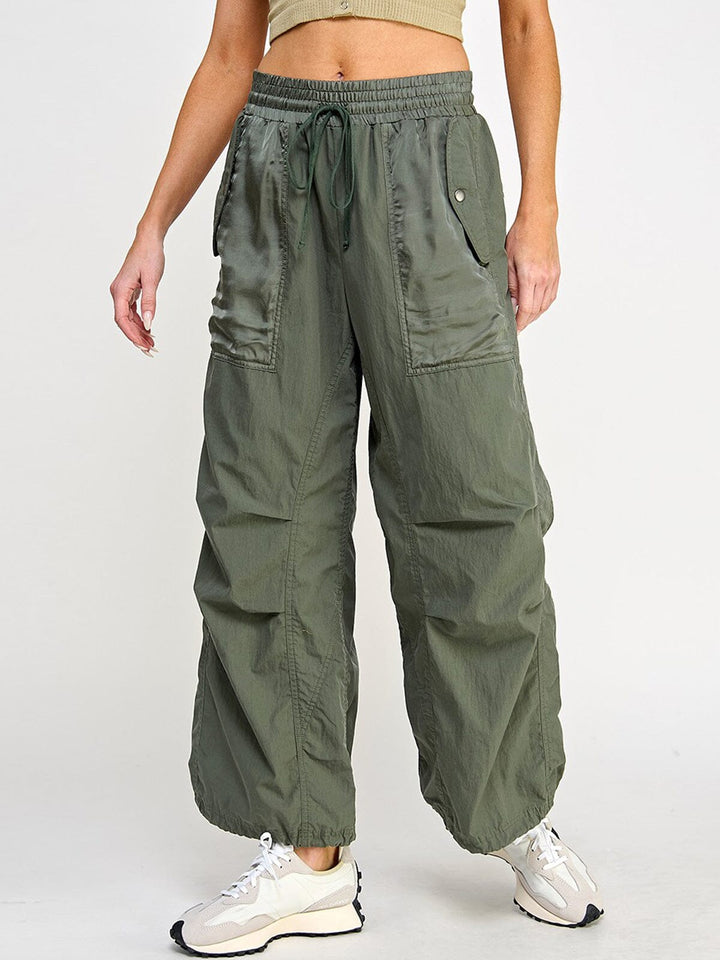 WOMEN'S ELASTIC WAIST POCKETS WIDE LEG PANTS