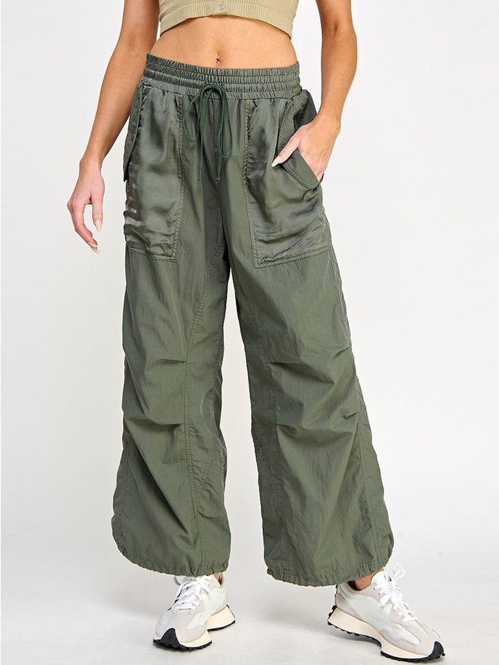 WOMEN'S ELASTIC WAIST POCKETS WIDE LEG PANTS