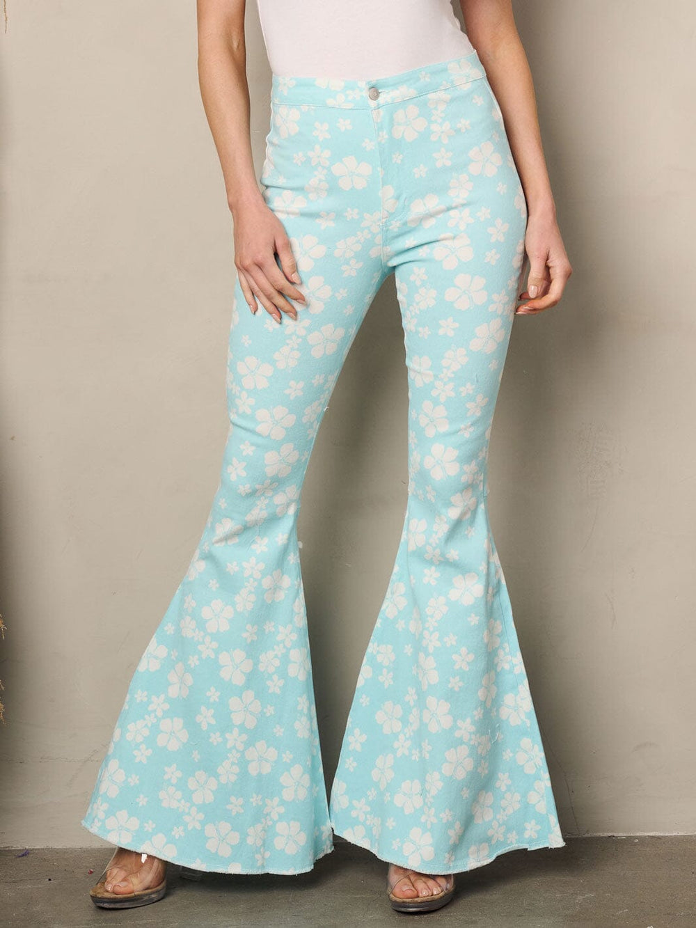 WOMEN'S BELL BOTTOMS FLORAL PRINT DENIM PANTS