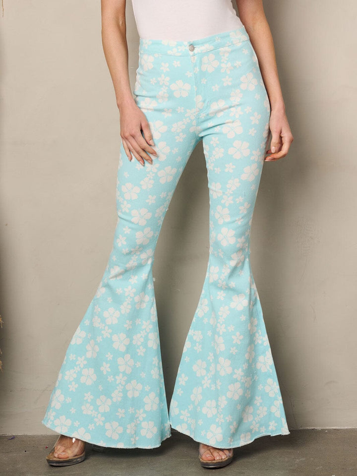WOMEN'S BELL BOTTOMS FLORAL PRINT DENIM PANTS