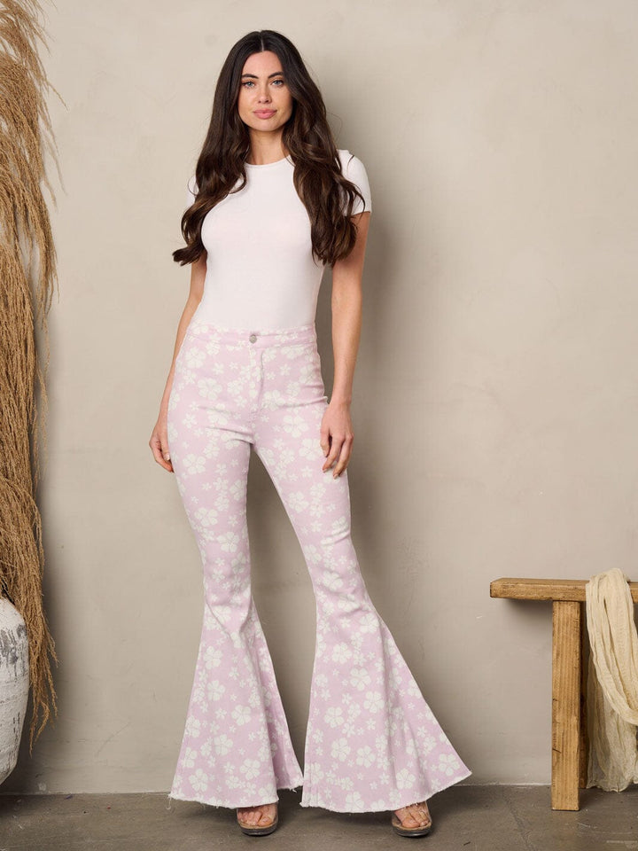 WOMEN'S BELL BOTTOMS FLORAL PRINT DENIM PANTS