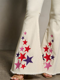 WOMEN'S BUTTON CLOSURE BELL LEGS STARS PRINT DENIM PANTS