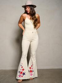 WOMEN'S BUTTON CLOSURE BELL LEGS STARS PRINT DENIM PANTS