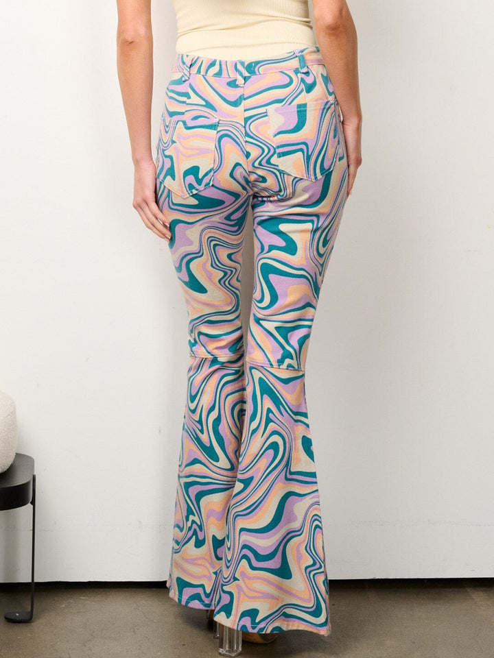WOMEN'S BUTTON CLOSURE COLORBLOCK BELL LEGS DENIM PANTS