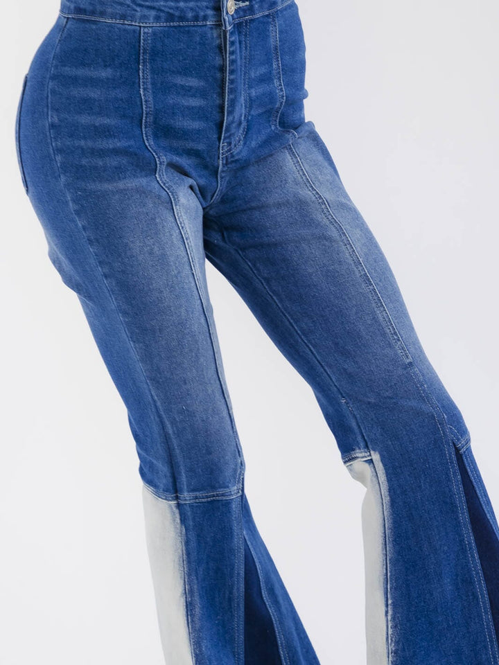 WOMEN'S BUTTON CLOSURE POCKETS COLORBLOCK BELL LEG DENIM PANTS