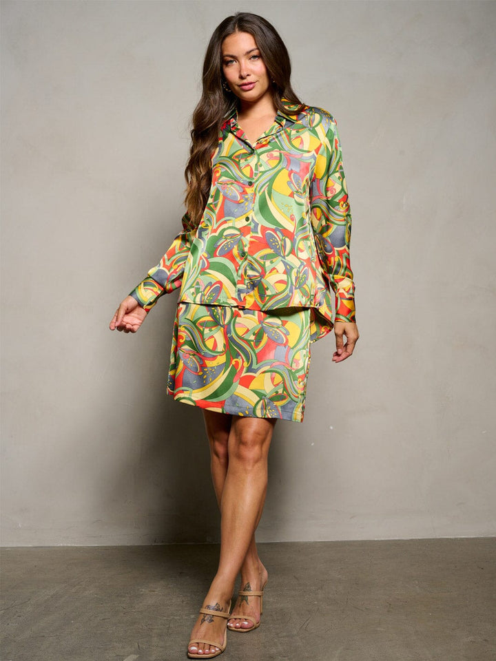 WOMEN'S LONG SLEEVE BLOUSE & ZIP UP MINI SKIRT MULTI PRINT 2PC. SET