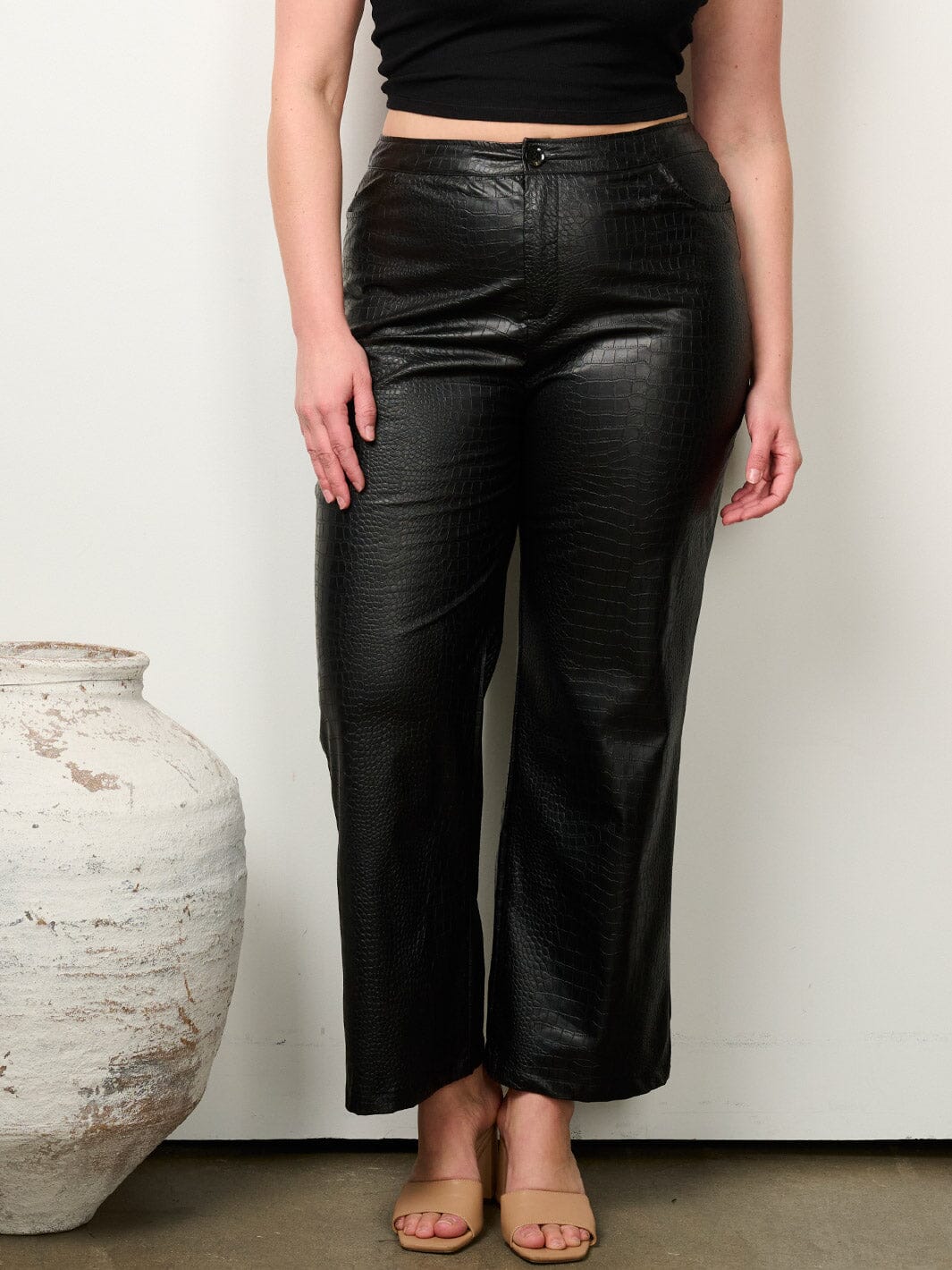 PLUS SIZE BUTTON CLOSURE WIDE LEG SNAKE PRINT PU PLEATHER PANTS