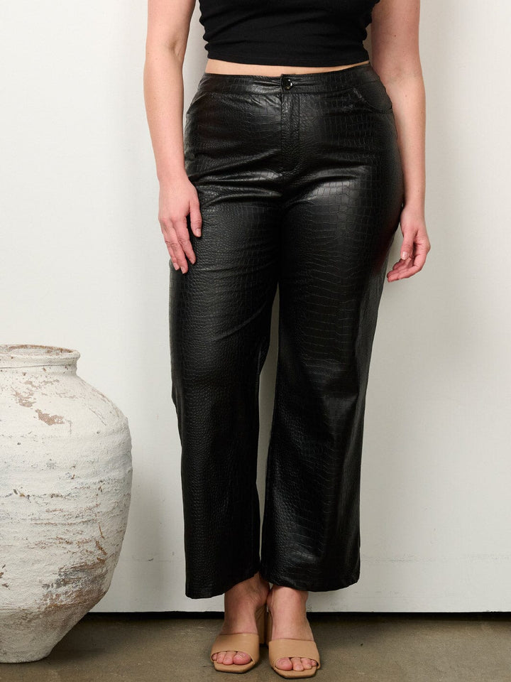 PLUS SIZE BUTTON CLOSURE WIDE LEG SNAKE PRINT PU PLEATHER PANTS