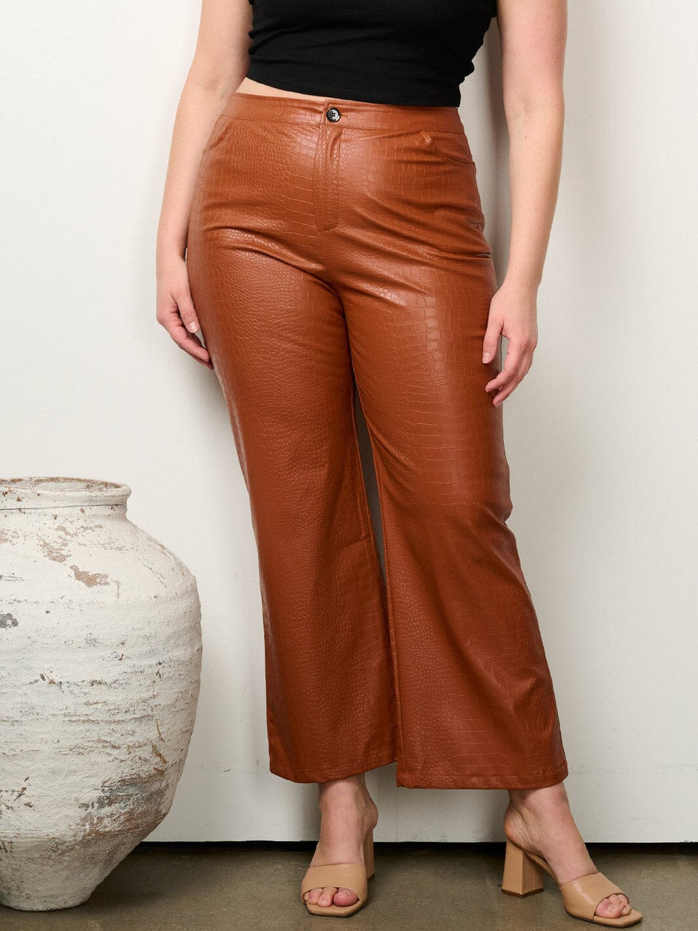 PLUS SIZE BUTTON CLOSURE WIDE LEG SNAKE PRINT PU PLEATHER PANTS
