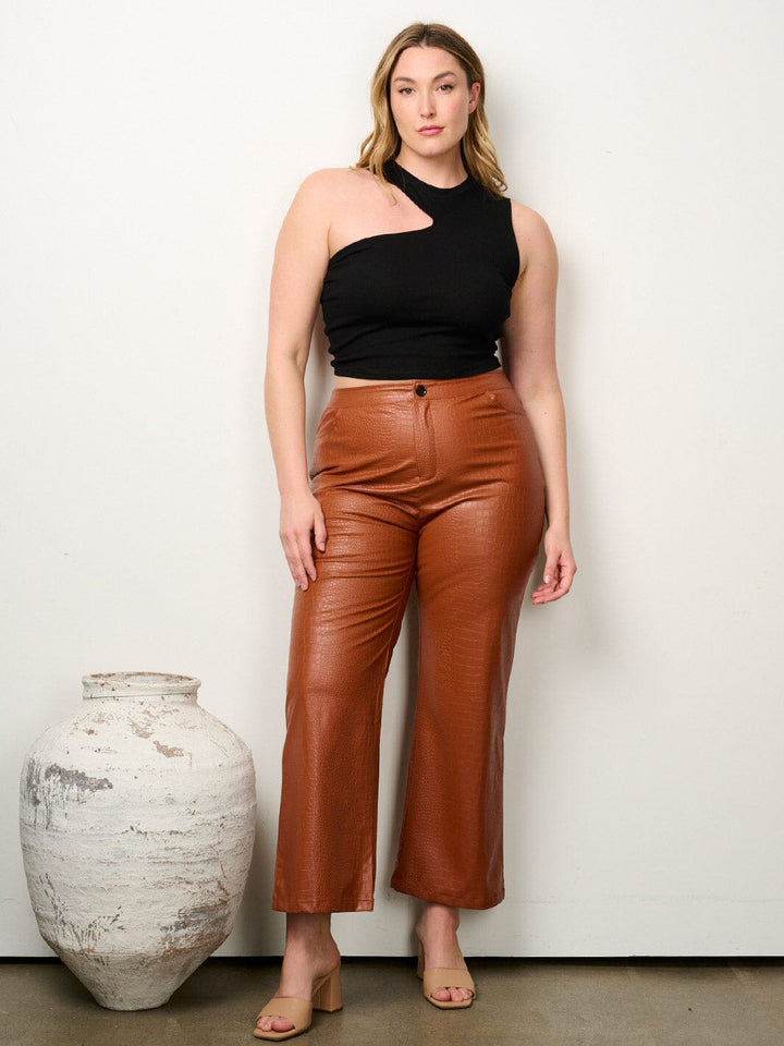 PLUS SIZE BUTTON CLOSURE WIDE LEG SNAKE PRINT PU PLEATHER PANTS