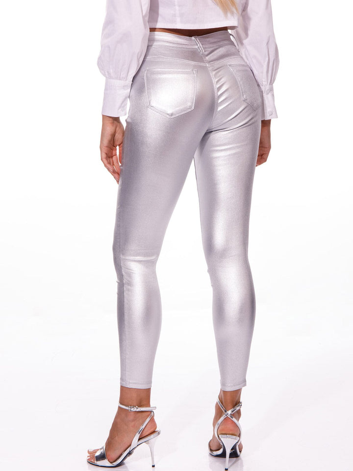 WOMEN'S BUTTON CLOSURE POCKETS METALLIC SKINNY LEG PANTS