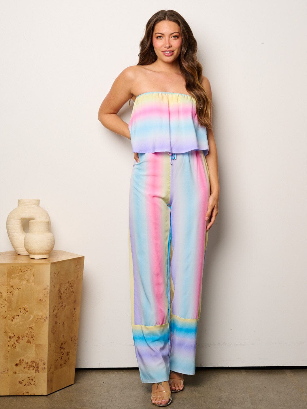 WOMEN'S SLEEVELESS RUFFLE MULTI COLOR STRIPES JUMPSUIT