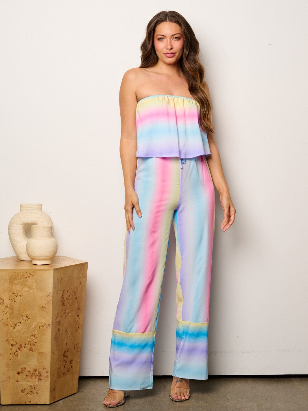 WOMEN'S SLEEVELESS RUFFLE MULTI COLOR STRIPES JUMPSUIT