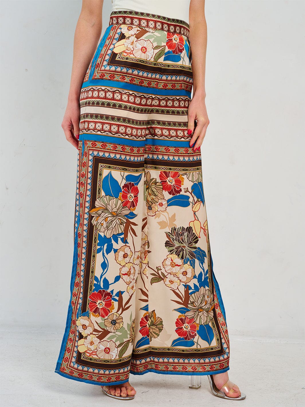 WOMEN'S ZIP UP FRONT POCKETS PRINTED WIDE LEG PANTS