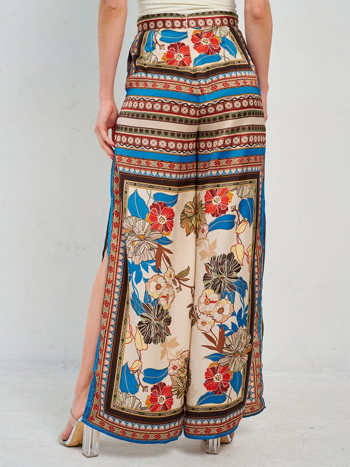 WOMEN'S ZIP UP FRONT POCKETS PRINTED WIDE LEG PANTS