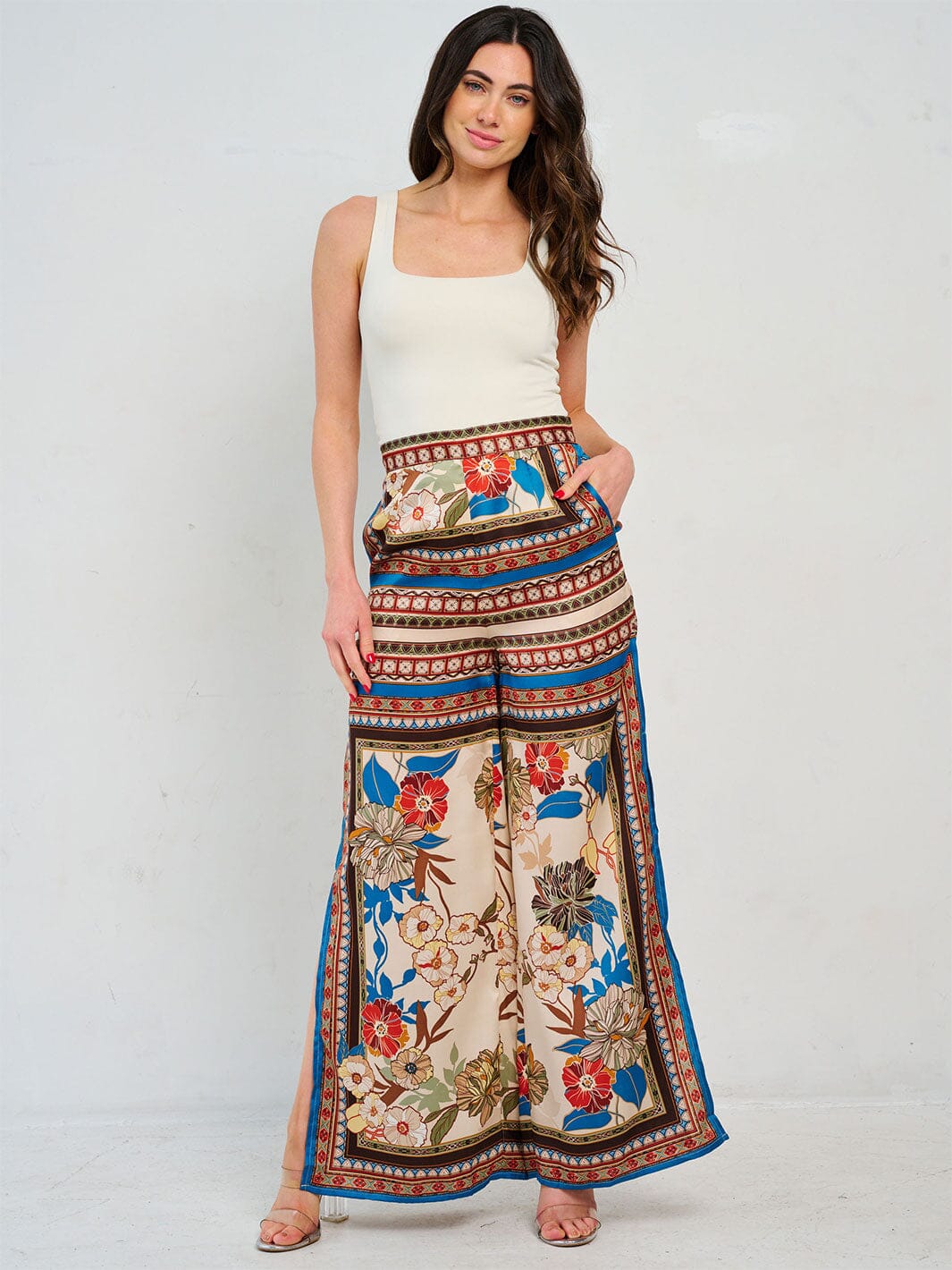 WOMEN'S ZIP UP FRONT POCKETS PRINTED WIDE LEG PANTS