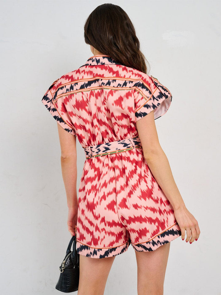WOMEN'S SHORT SLEEVE BUTTON UP FRONT POCKETS MULTI PRINT ROMPER