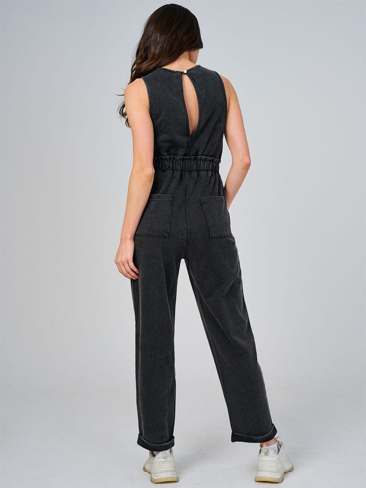 WOMEN'S SLEEVELESS ELASTIC WAIST FRONT POCKETS WASHED JUMPSUIT