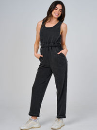 WOMEN'S SLEEVELESS ELASTIC WAIST FRONT POCKETS WASHED JUMPSUIT