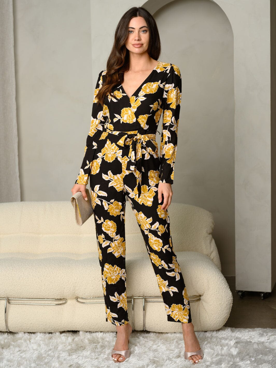 WOMEN'S LONG SLEEVE SURPLICE FLORAL JUMPSUIT