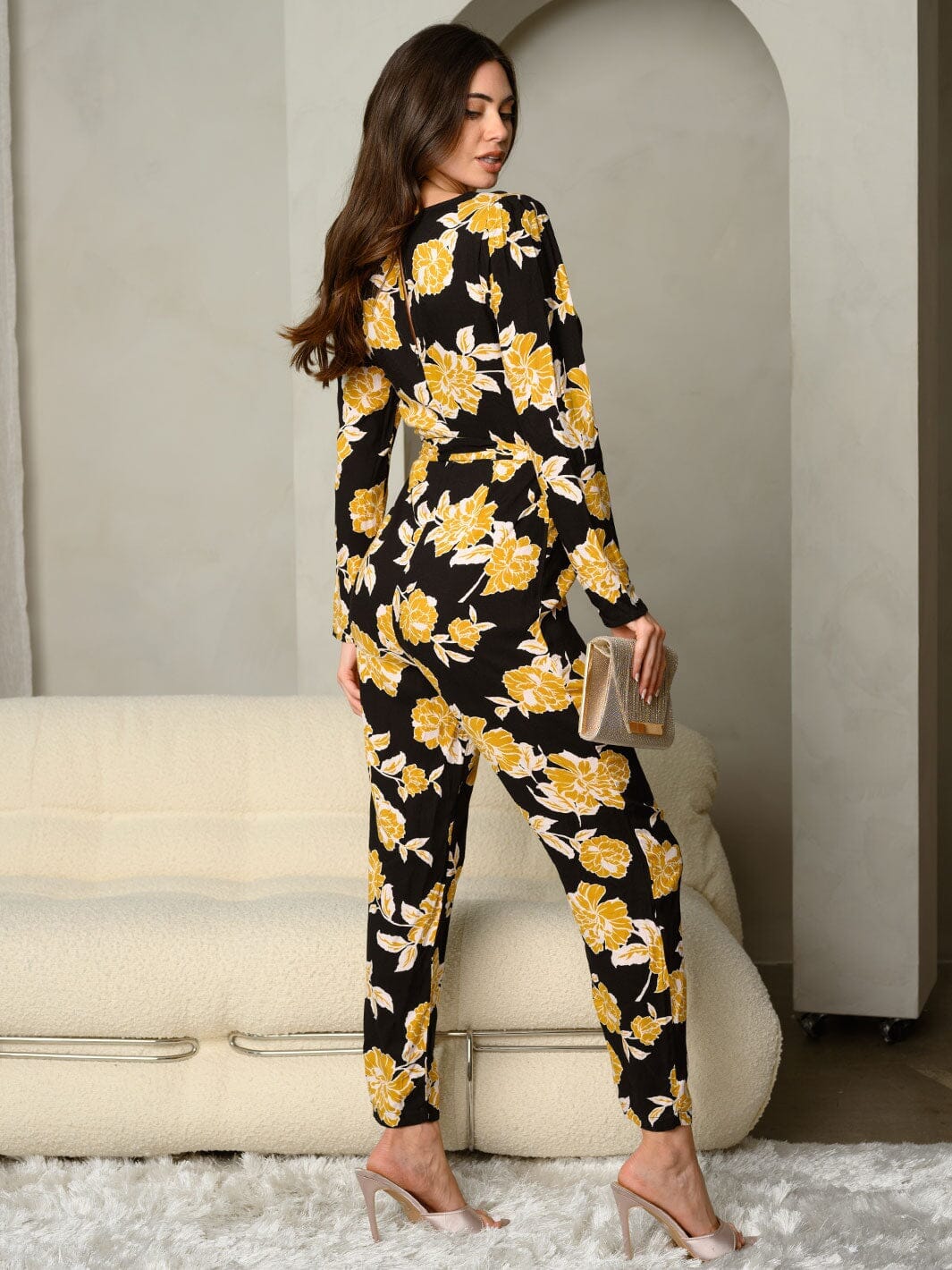 WOMEN'S LONG SLEEVE SURPLICE FLORAL JUMPSUIT