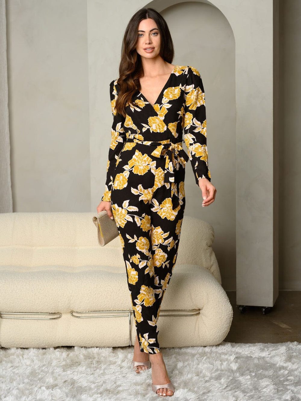 WOMEN'S LONG SLEEVE SURPLICE FLORAL JUMPSUIT