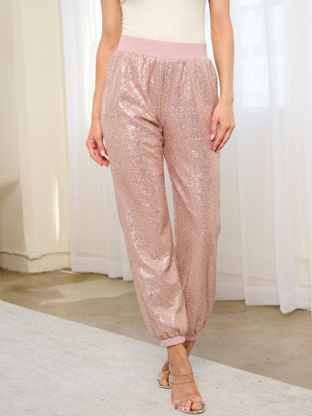 WOMEN'S ELASTIC WAIST POCKETS SEQUINS JOGGER PANTS