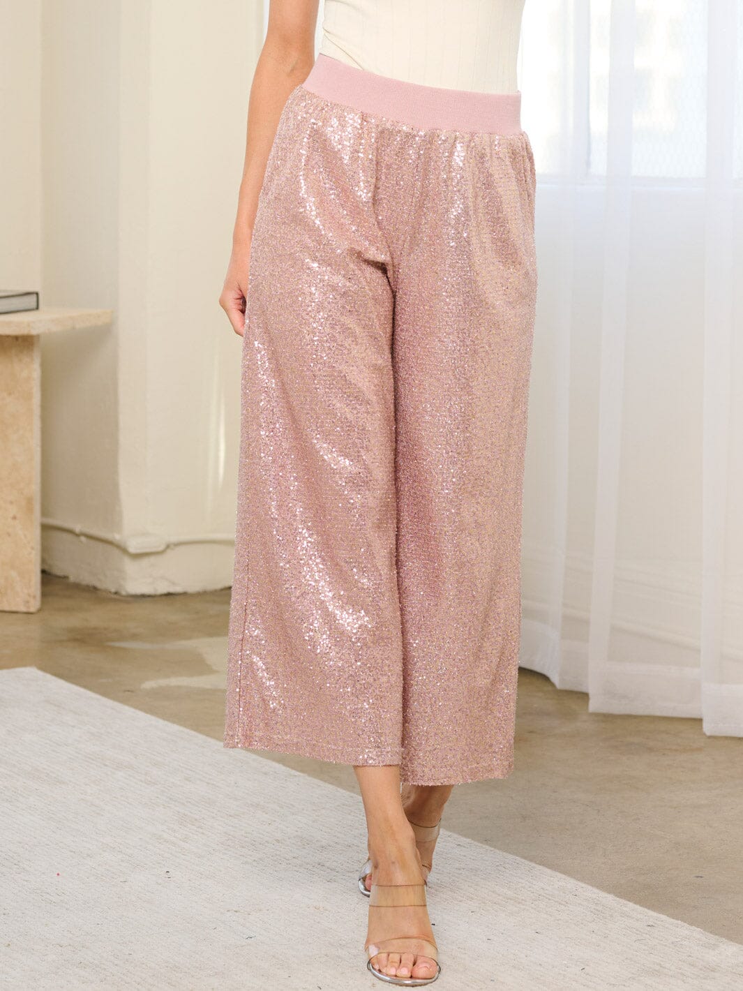 WOMEN'S ELASTIC WAIST POCKETS SEQUINS WIDE LEG PANTS