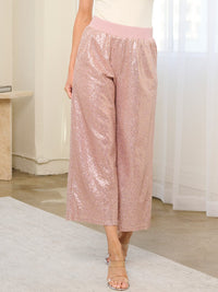 WOMEN'S ELASTIC WAIST POCKETS SEQUINS WIDE LEG PANTS