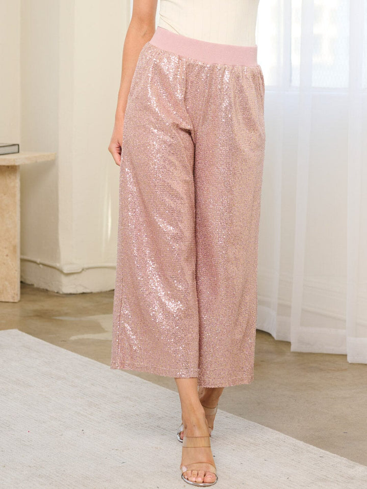 WOMEN'S ELASTIC WAIST POCKETS SEQUINS WIDE LEG PANTS