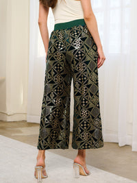 WOMEN'S ELASTIC WAIST POCKETS SEQUINS WIDE LEG PANTS