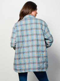 WOMEN'S LONG SLEEVE BUTTON UP FRONT POCKETS PUFFER PLAID JACKET