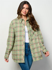 WOMEN'S LONG SLEEVE BUTTON UP FRONT POCKETS PUFFER PLAID JACKET