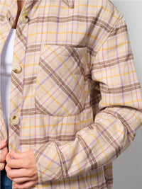WOMEN'S LONG SLEEVE BUTTON UP FRONT POCKETS PUFFER PLAID JACKET