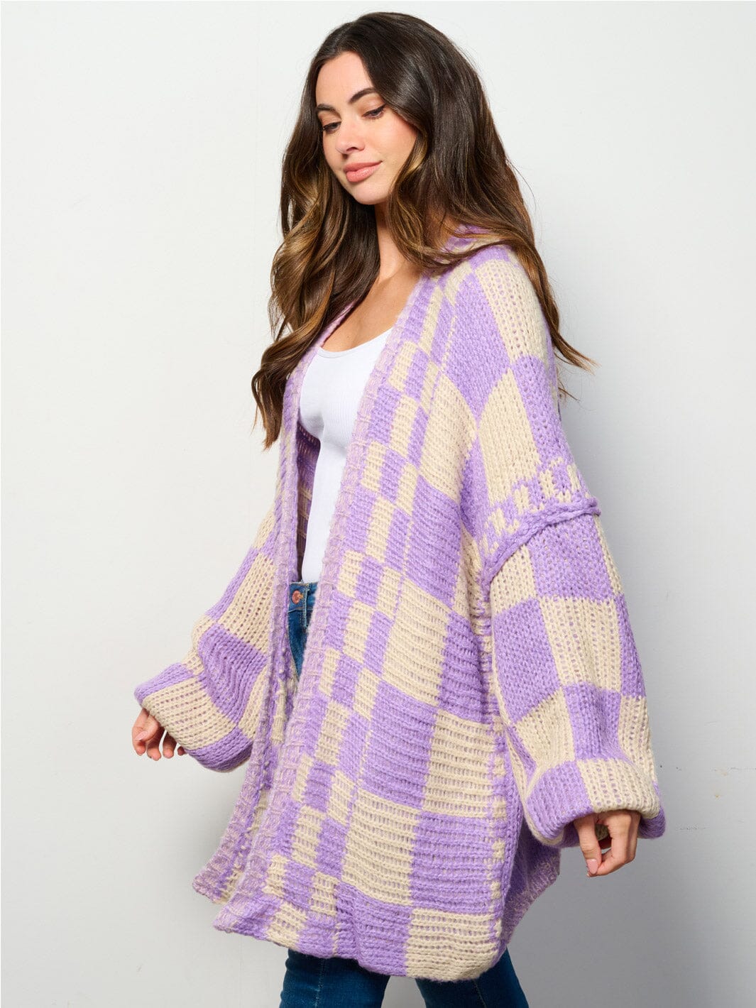 WOMEN'S LONG SLEEVE OPEN FRONT COLORBLOCK CHEKERS CARDIGAN