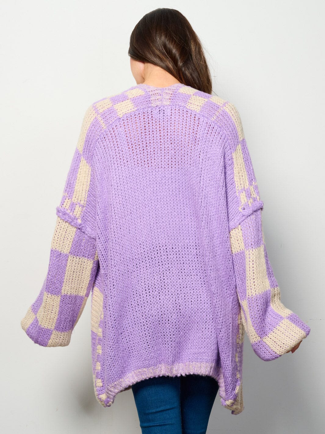 WOMEN'S LONG SLEEVE OPEN FRONT COLORBLOCK CHEKERS CARDIGAN