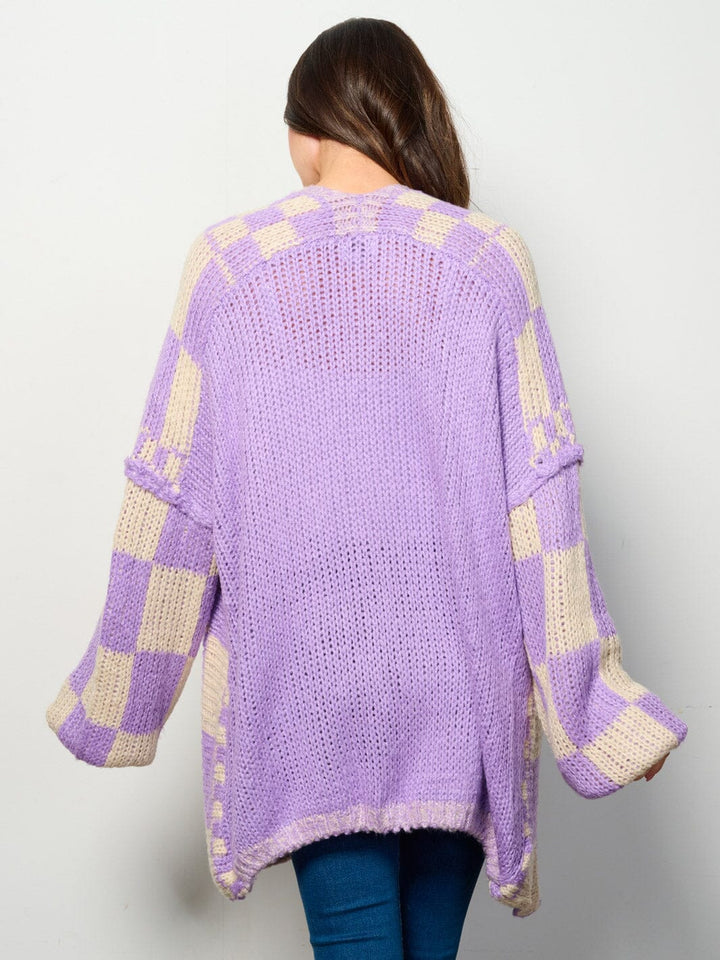 WOMEN'S LONG SLEEVE OPEN FRONT COLORBLOCK CHEKERS CARDIGAN