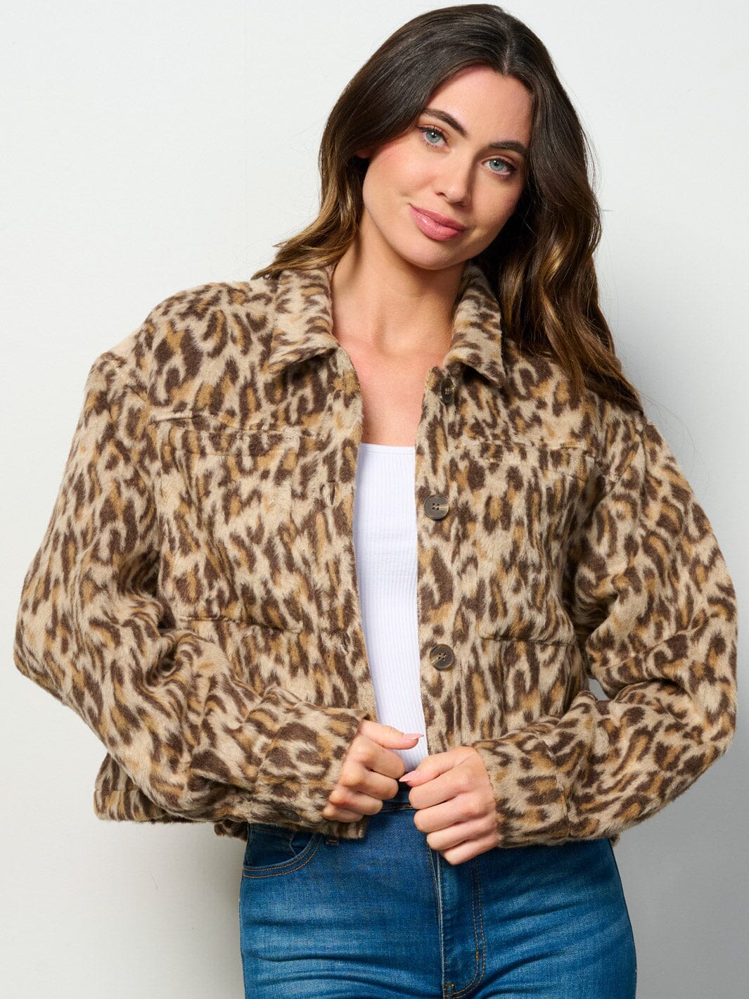 WOMEN'S LONG SLEEVE BUTTON CLOSURE POCKETS ANIMAL PRINT FUZZY JACKET
