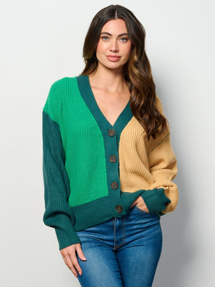 WOMEN'S LONG SLEEVE BUTTON UP COLORBLOCK CARDIGAN SWEATER