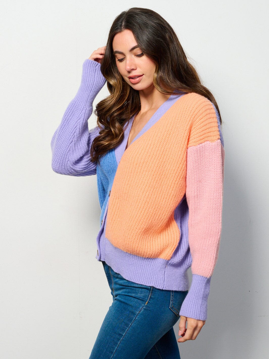 WOMEN'S LONG SLEEVE BUTTON UP COLORBLOCK CARDIGAN SWEATER