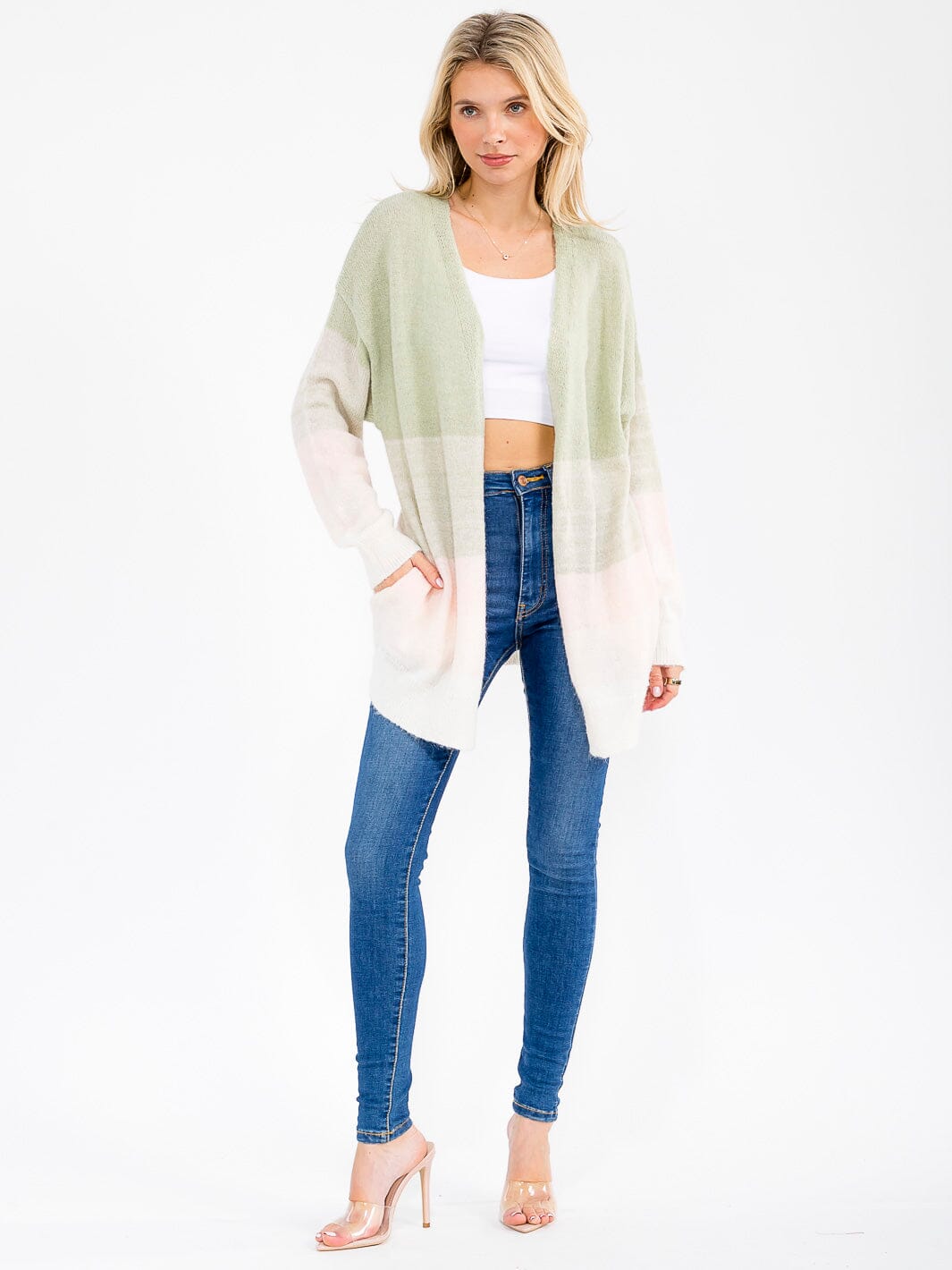 WOMEN'S LONG SLEEVE OPEN FRONT POCKETS COLORBLOCK CARDIGAN