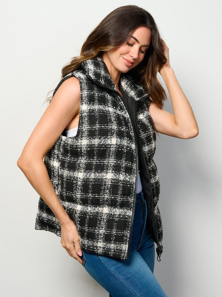 WOMEN'S SLEEVELESS ZIP UP FRONT POCKETS PUFFER PLAID VEST