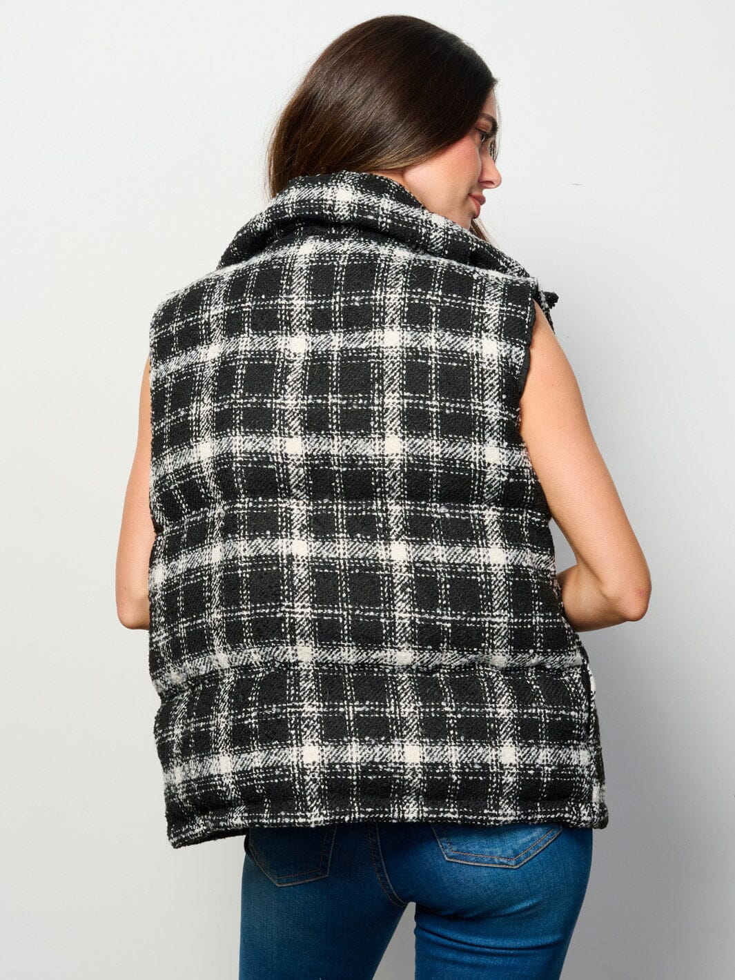 WOMEN'S SLEEVELESS ZIP UP FRONT POCKETS PUFFER PLAID VEST