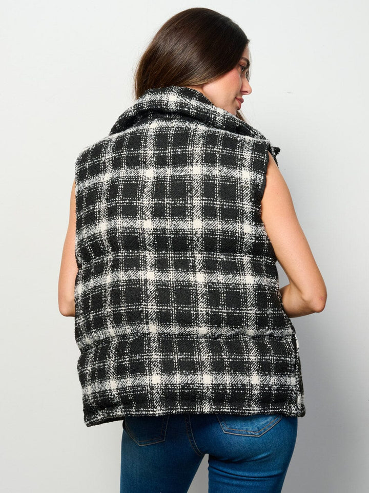 WOMEN'S SLEEVELESS ZIP UP FRONT POCKETS PUFFER PLAID VEST