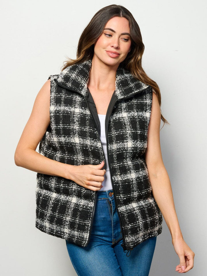 WOMEN'S SLEEVELESS ZIP UP FRONT POCKETS PUFFER PLAID VEST
