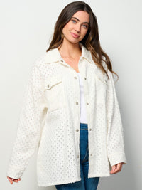 WOMEN'S LONG SLEEVE BUTTON UP POCKETS EYELET DENIM OVERSIZED TOP